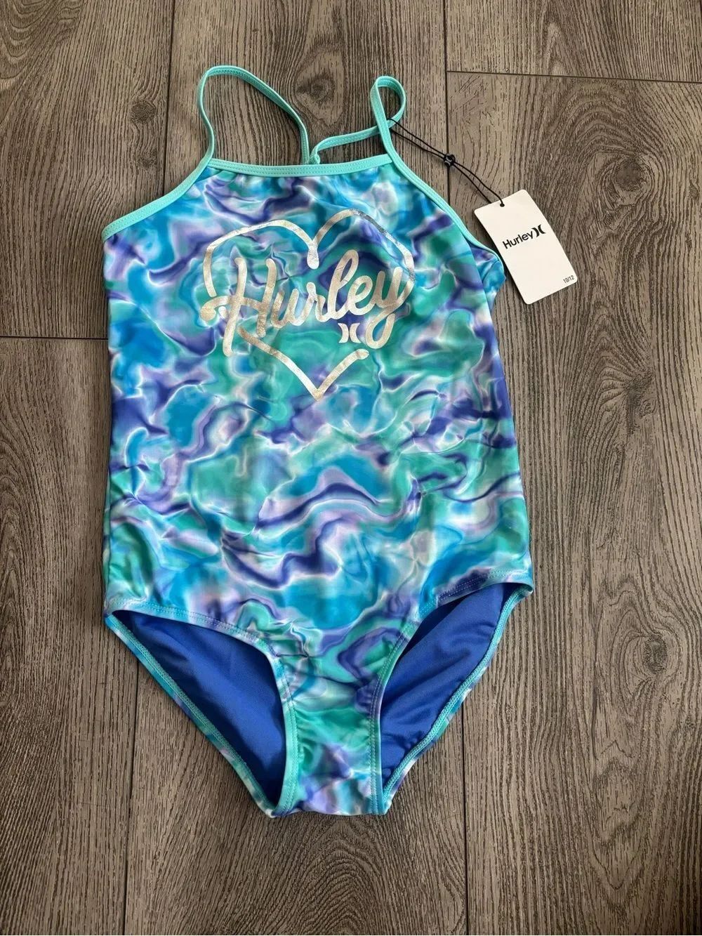 Hurley Girls' Teal Blue Marble Heart Logo One-Piece Swimsuit